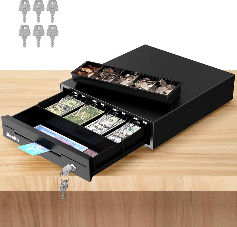 Beelta 13" Cash Rigister Drawer for Small Business, 4 Bill/5 Coin with Check Slot, Steel Construction, Works with POS (Includes Keys & RJ11/12Cable) - BK1313E - Image 1